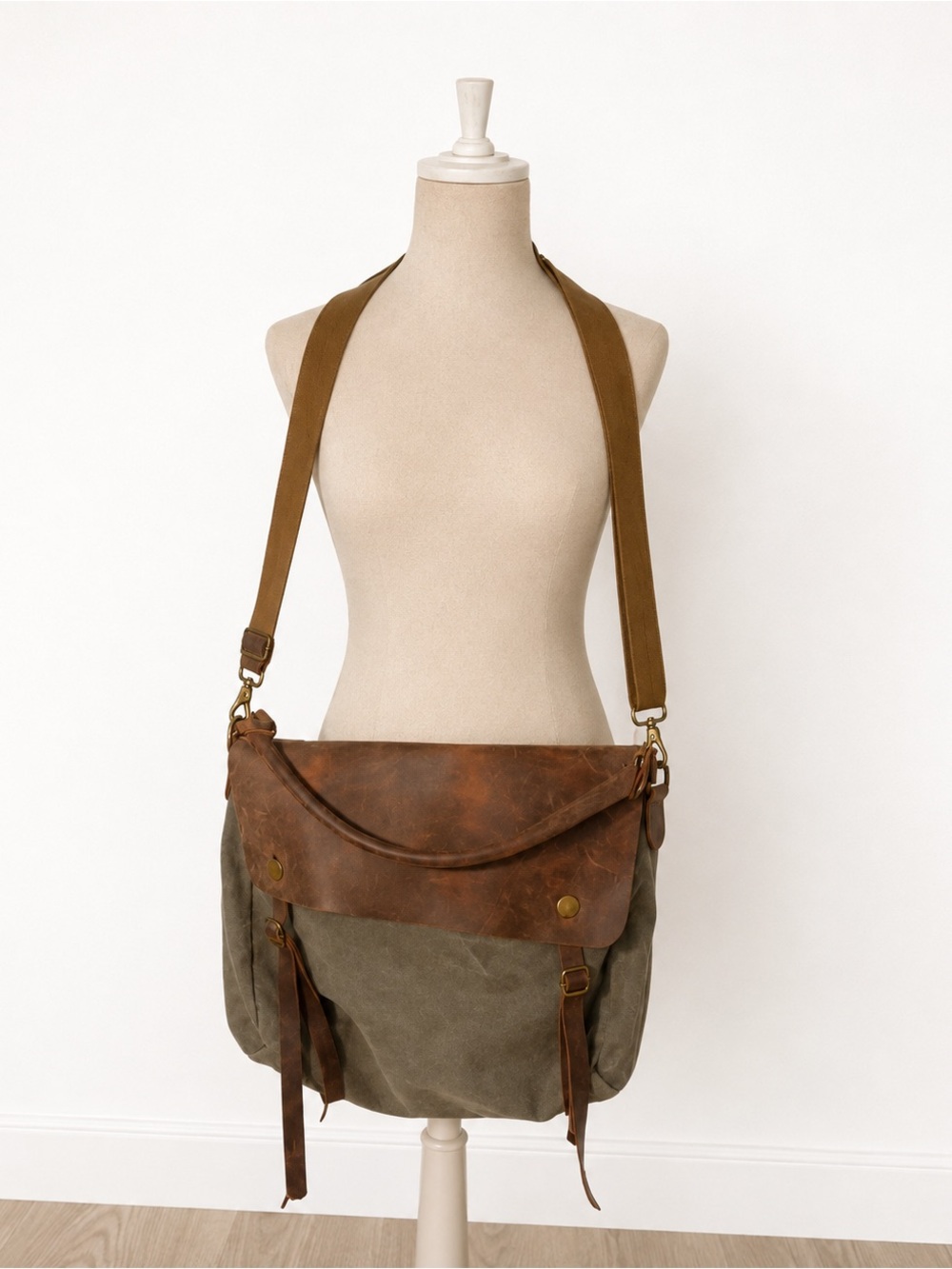 Street Level Olive Canvas and Brown Leather Satchel Crossbody